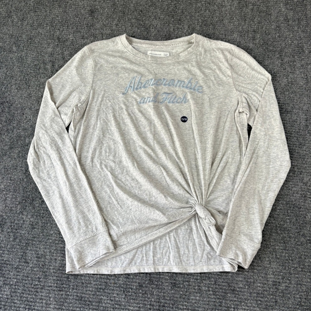 Abercrombie Kids Girls Gray Embroidered Logo Front Knot Long Sleeve Tee 15/16 XL